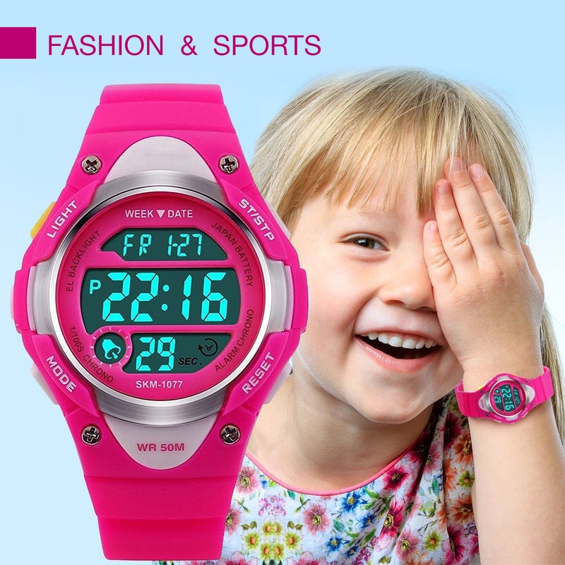 cofuo Girls Boys Digital Watch - Kids Sports Waterproof Outdoor Watches with Alarm Stopwatch Youth Children LED Electronic Wristwatch - Rose Red - Image 3